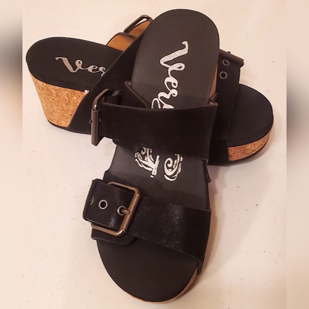 Very G Black Cork Wedge Sandals Size 6 NWOT